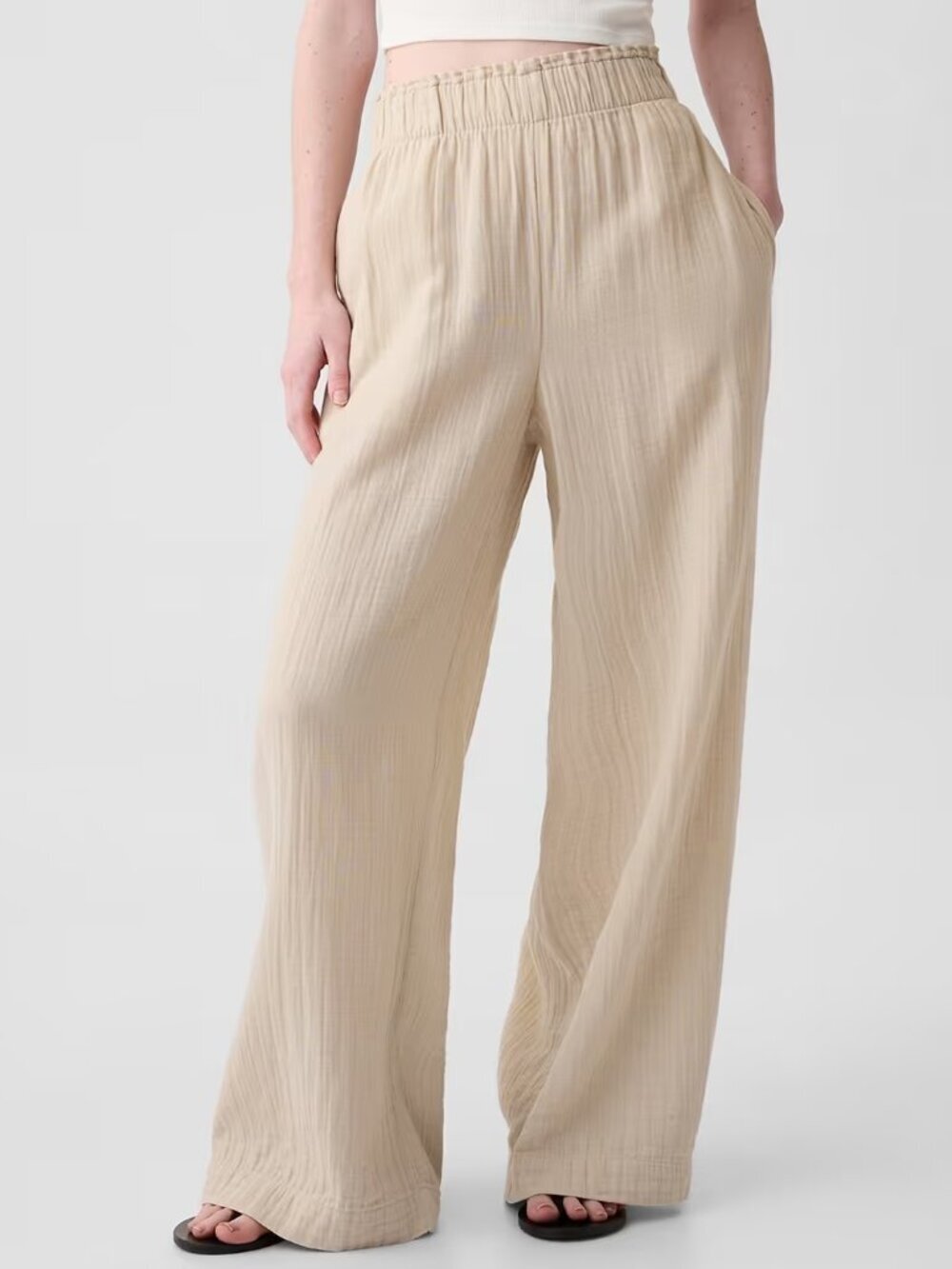 GAP Bedrock Beige 100% Cotton Crinkle Gauze Pull On Wide Leg Pants, Size S - Picture 2 of 14